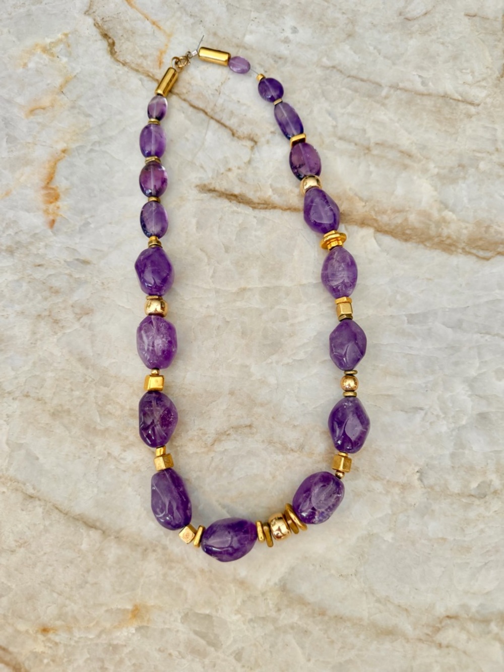 Estate vintage chunky Purple Amethyst Nuggets and Brass Bead Necklace